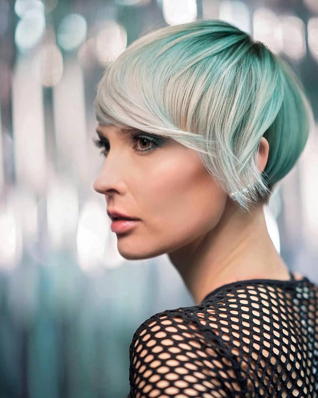 Edgy Green Blonde Pixie Bob With Side Bangs