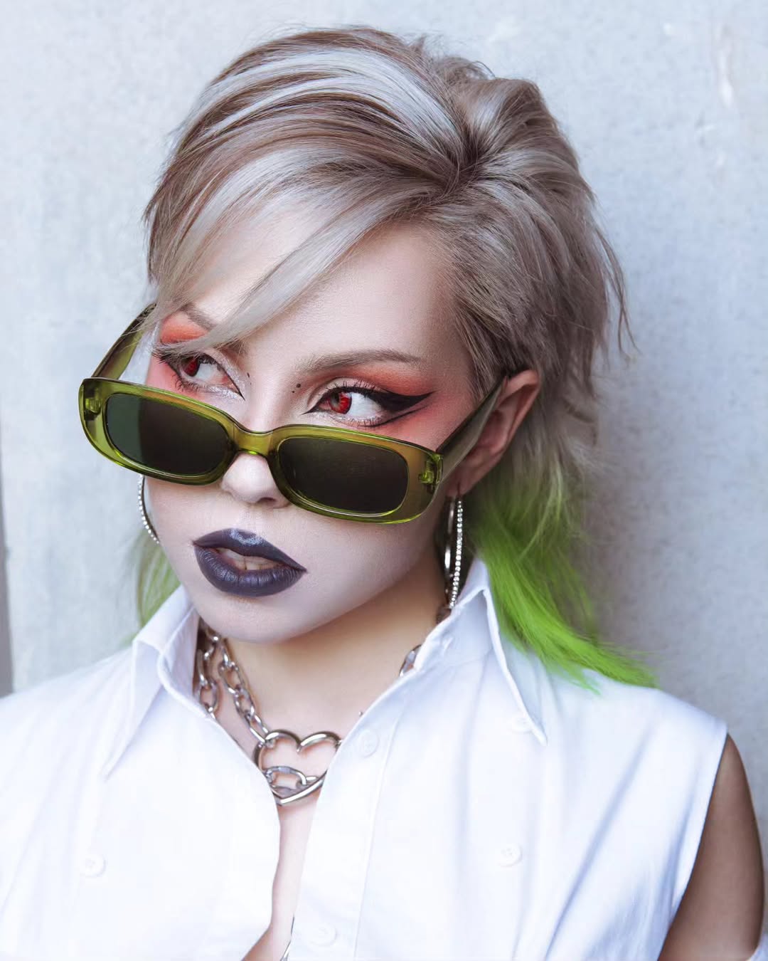Edgy Green Peekaboo Mullet With Platinum Blonde
