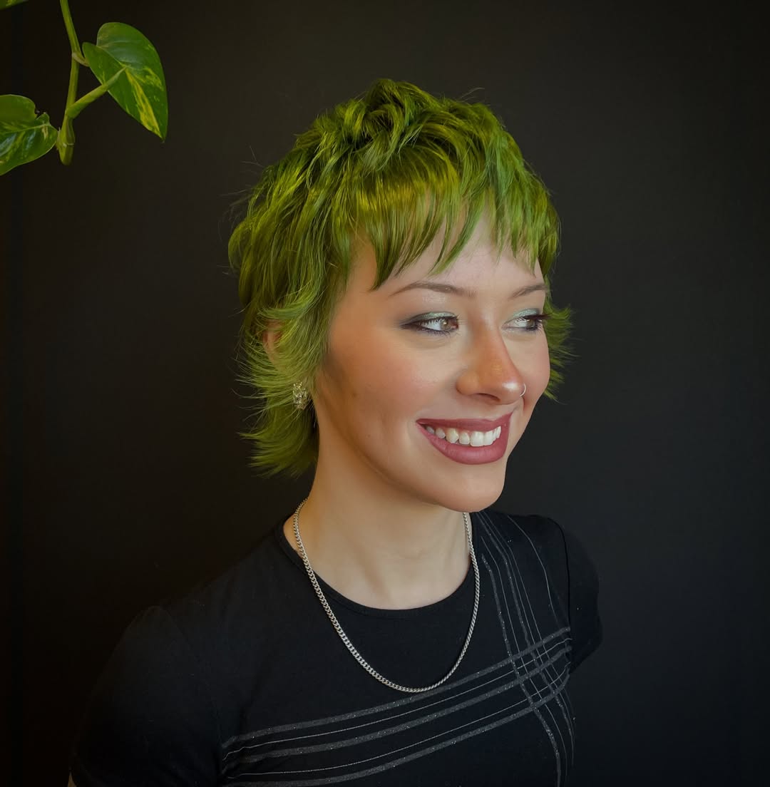 Edgy Green Pixie With Piecey Micro Bangs