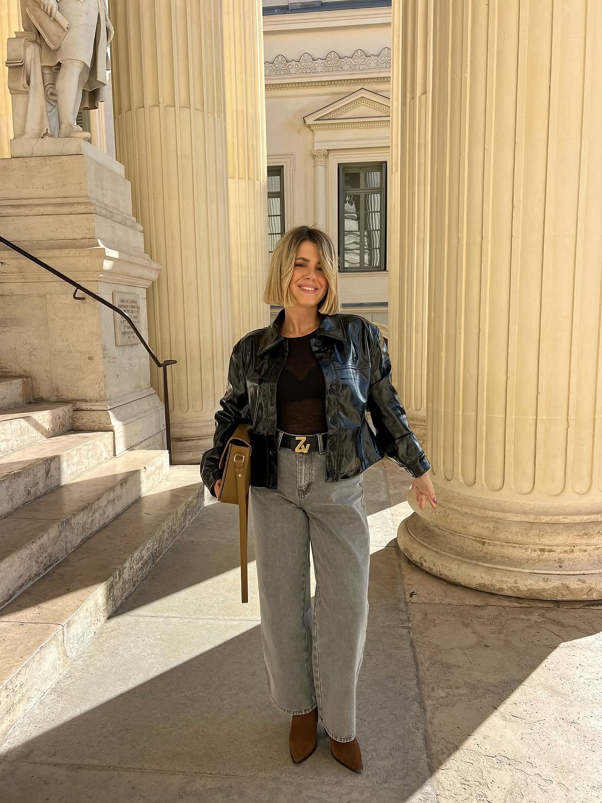Edgy Leather Jacket With Wide Leg Jeans and Brown Boots