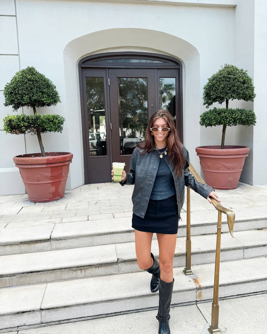 Edgy Leather Moto Jacket Mini Skirt Outfit