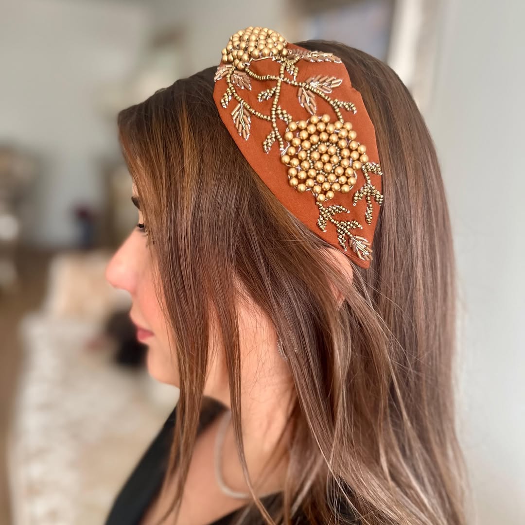 Embroidered Headband On Long Layered Brunette Hair