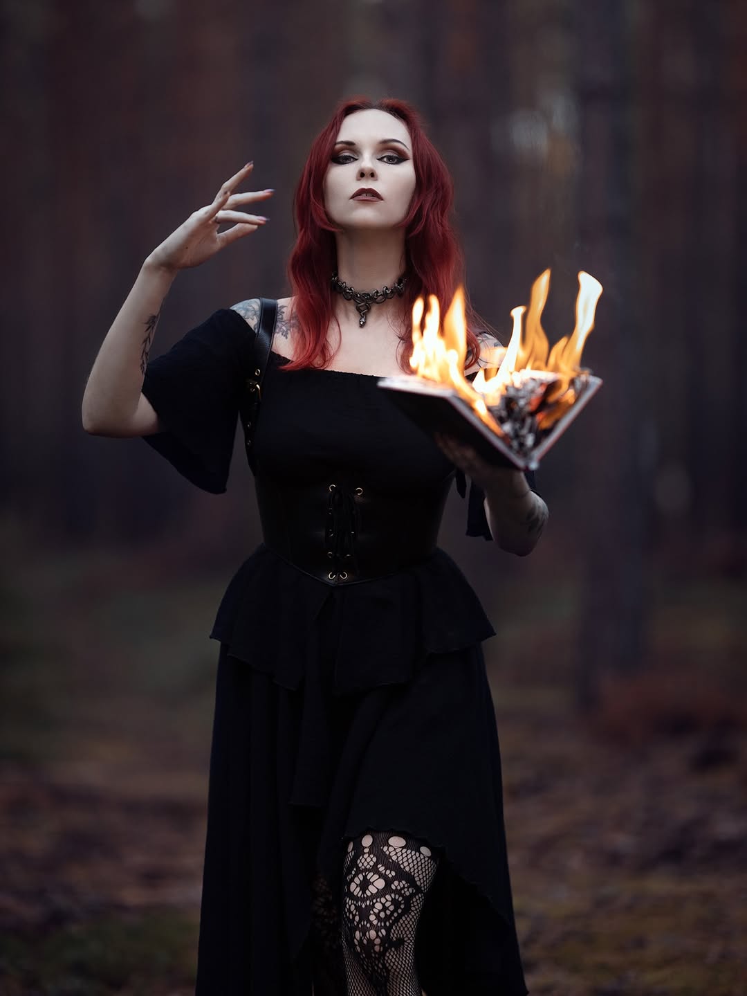 Enchanted Black Gown With Intricate Lace Hosiery