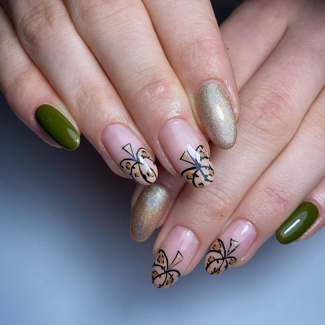 Fall Leopard Print Pumpkin Accent Glossy Oval Nails