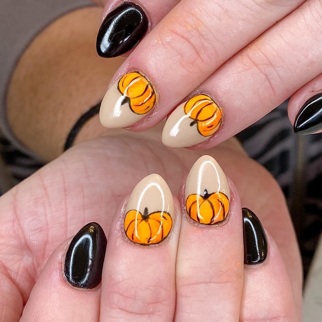 Fall Ombre Nude and Black Pumpkin Accent Nails