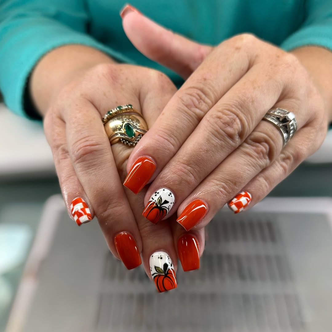 Fall Orange Pumpkin Patch & Checkered Nails