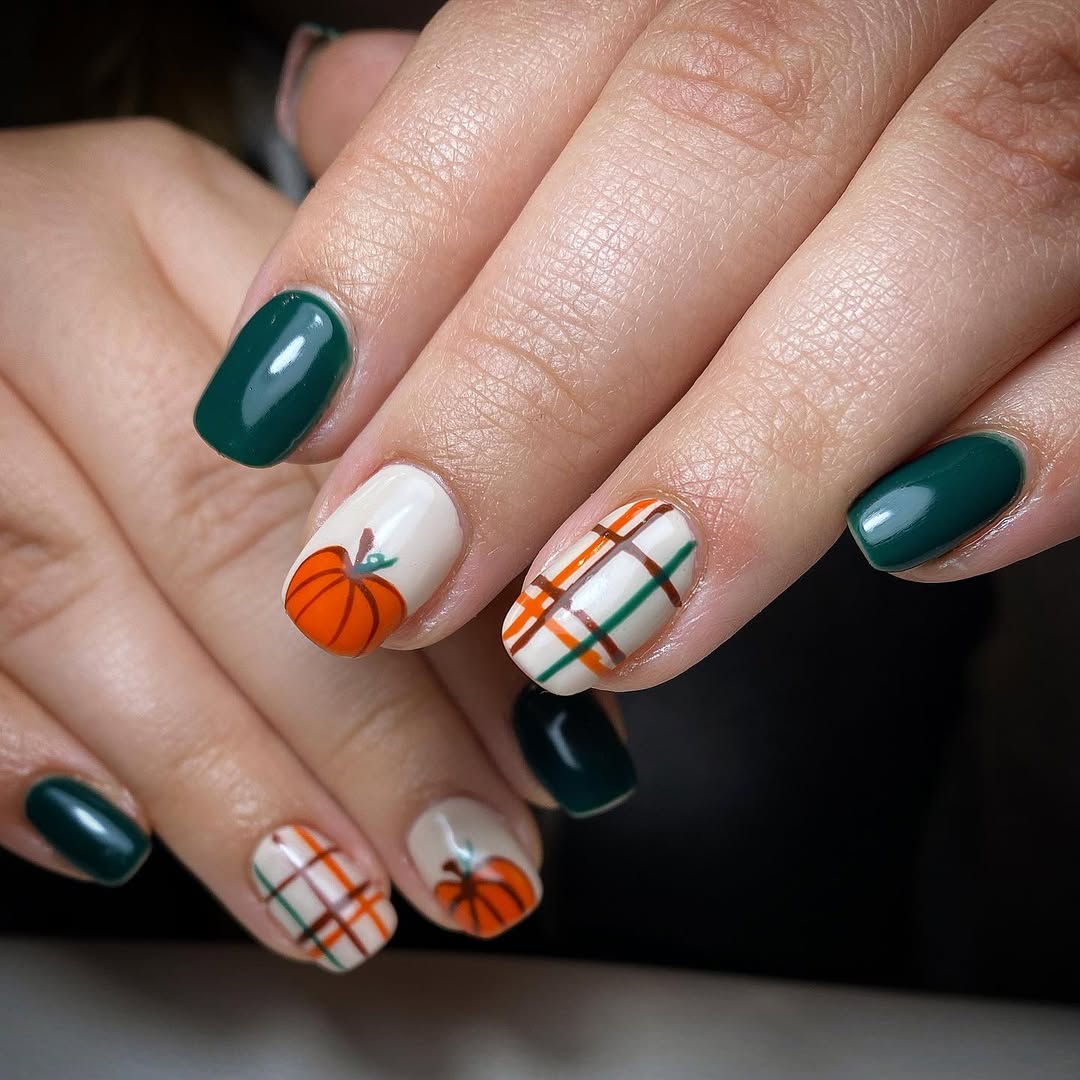 Fall Plaid Pumpkin Cream and Forest Green Nails