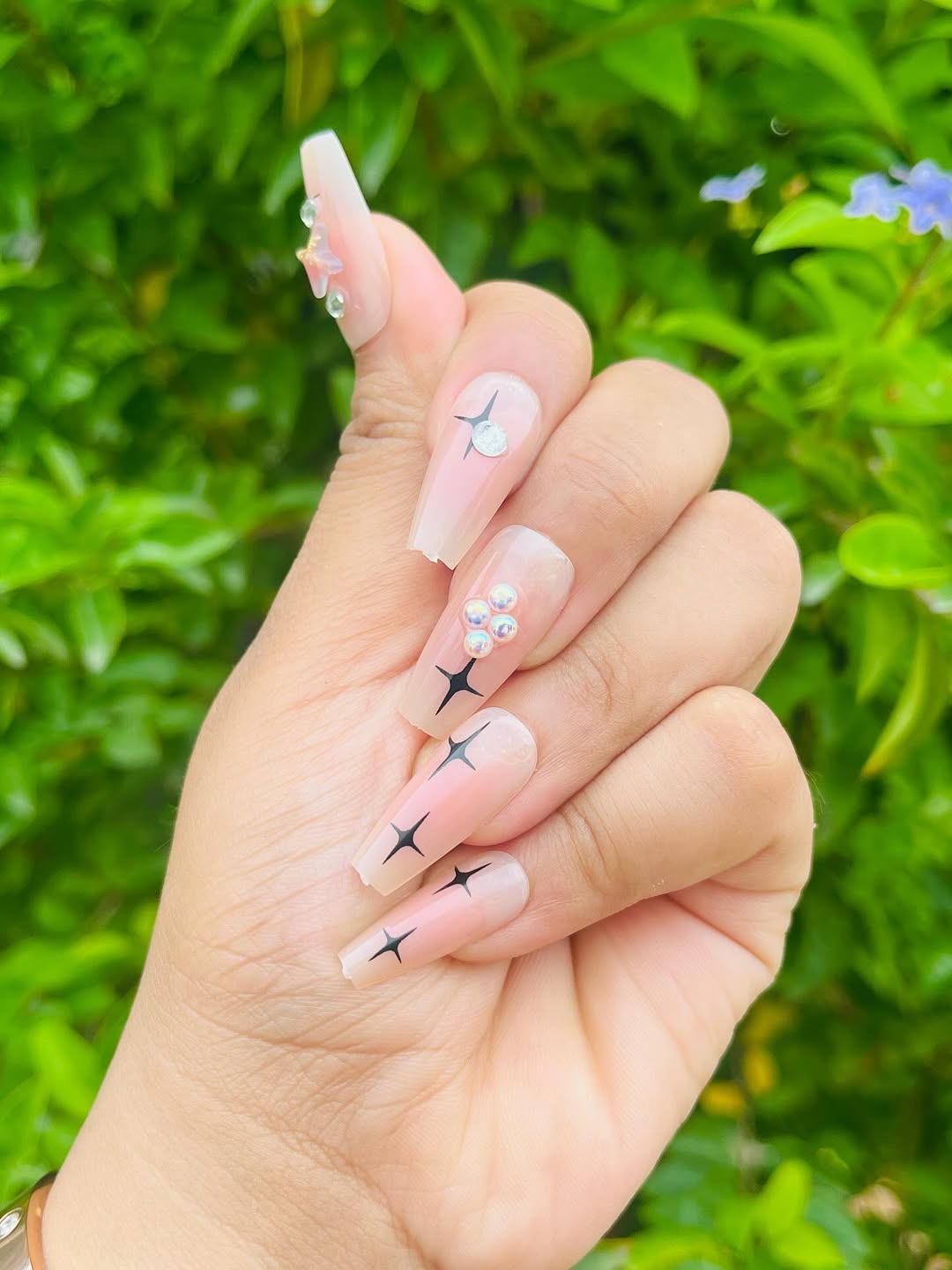 Fantasycore Milky Pink Coffin Nails With Gem Charms
