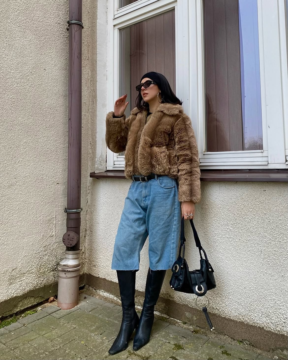 Faux Fur Jacket With Wide Leg Denim Boots