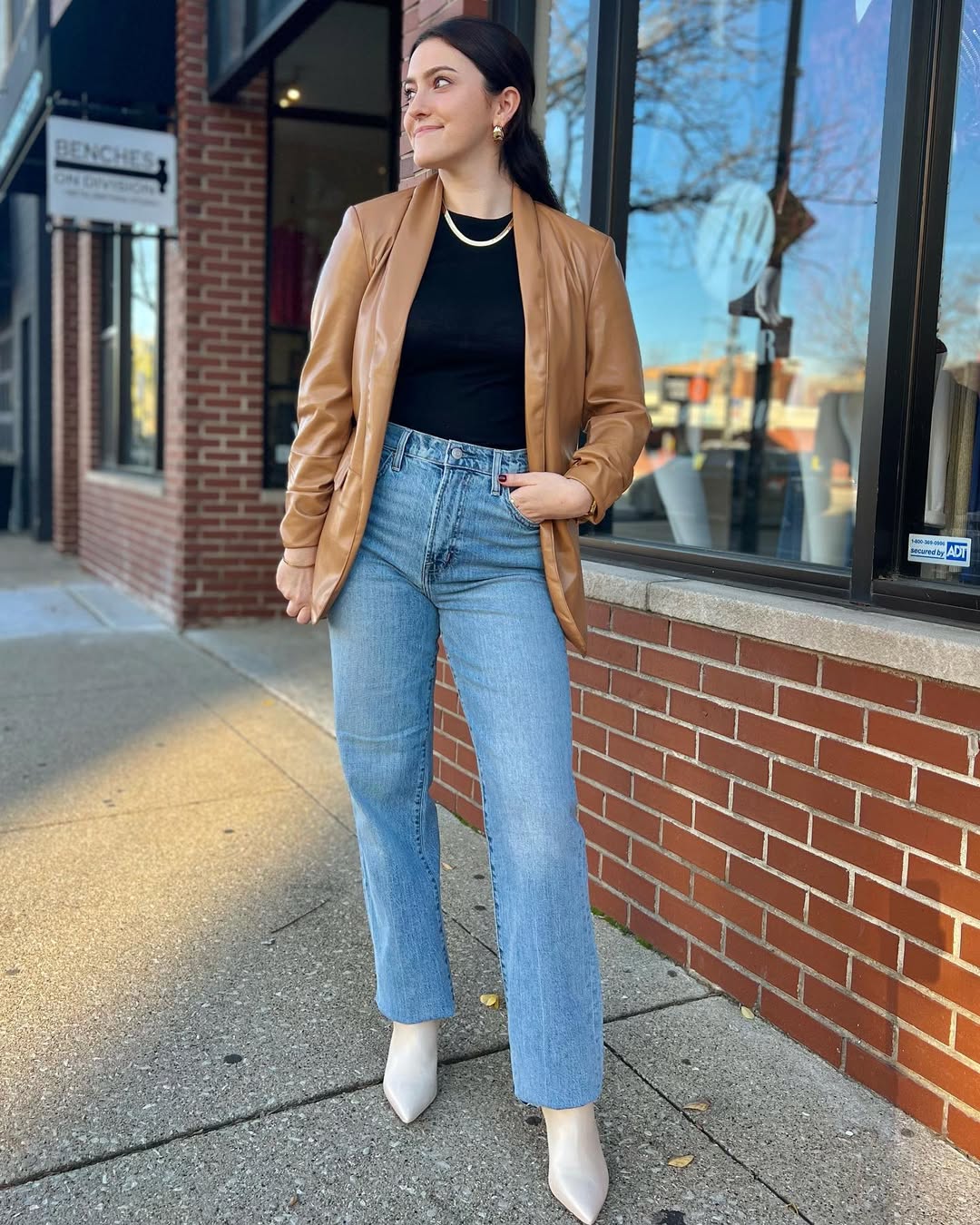 Faux Leather Blazer With High-Waisted Denim