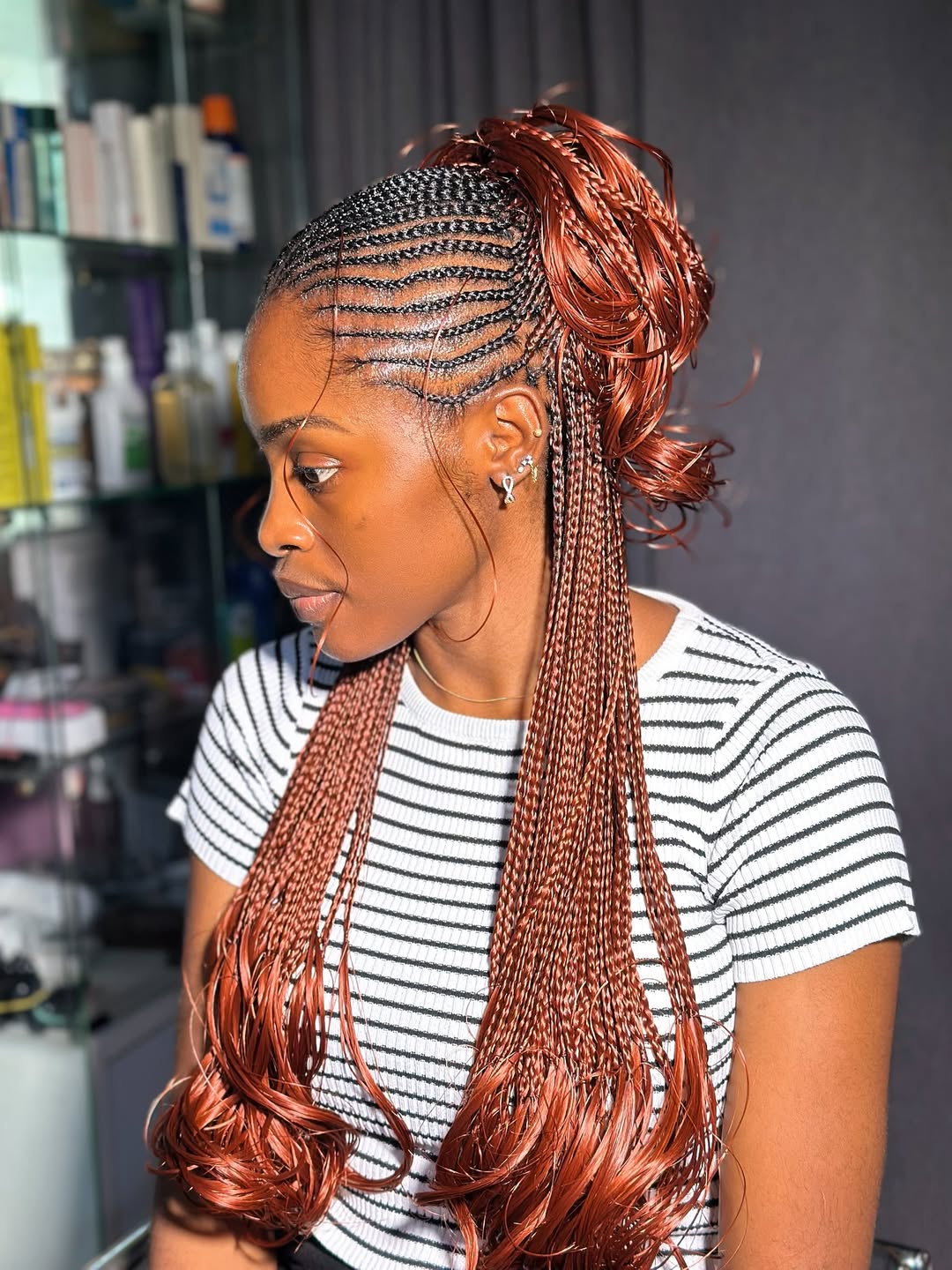 Fiery Cornrow Braids With Curly Ends High Ponytail