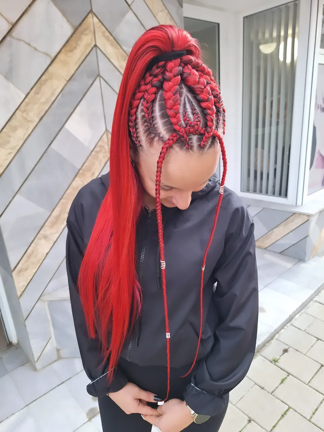 Fiery Red Braided Ponytail With Accent Braids