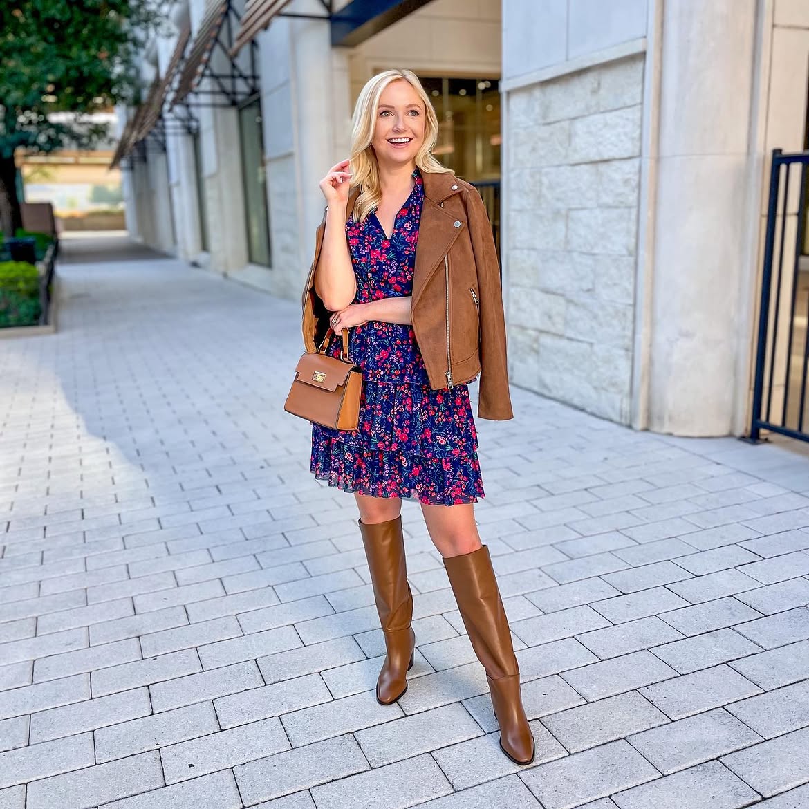 Floral Dress With Suede Moto Jacket And Boots