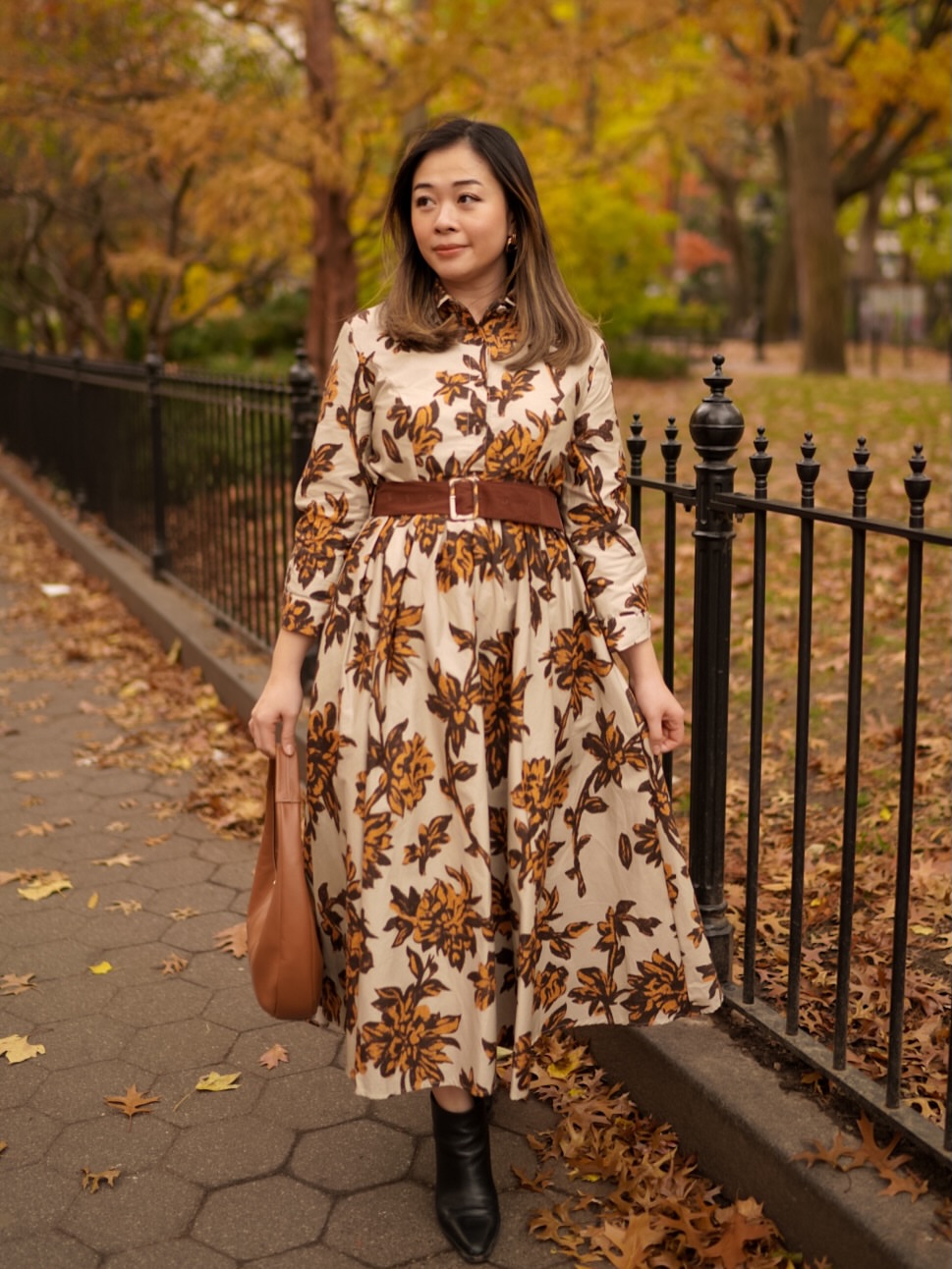Floral Midi Dress With Brown Belt And Boots
