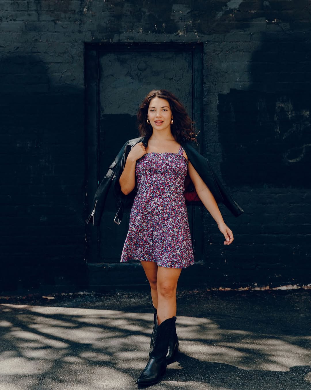 Floral Mini Dress With Leather Jacket And Boots