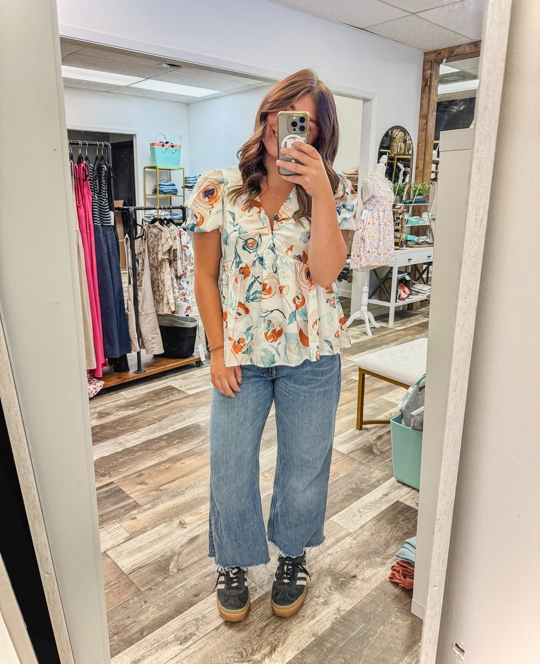 Floral Puff Sleeve Top and Wide Leg Jeans Combo