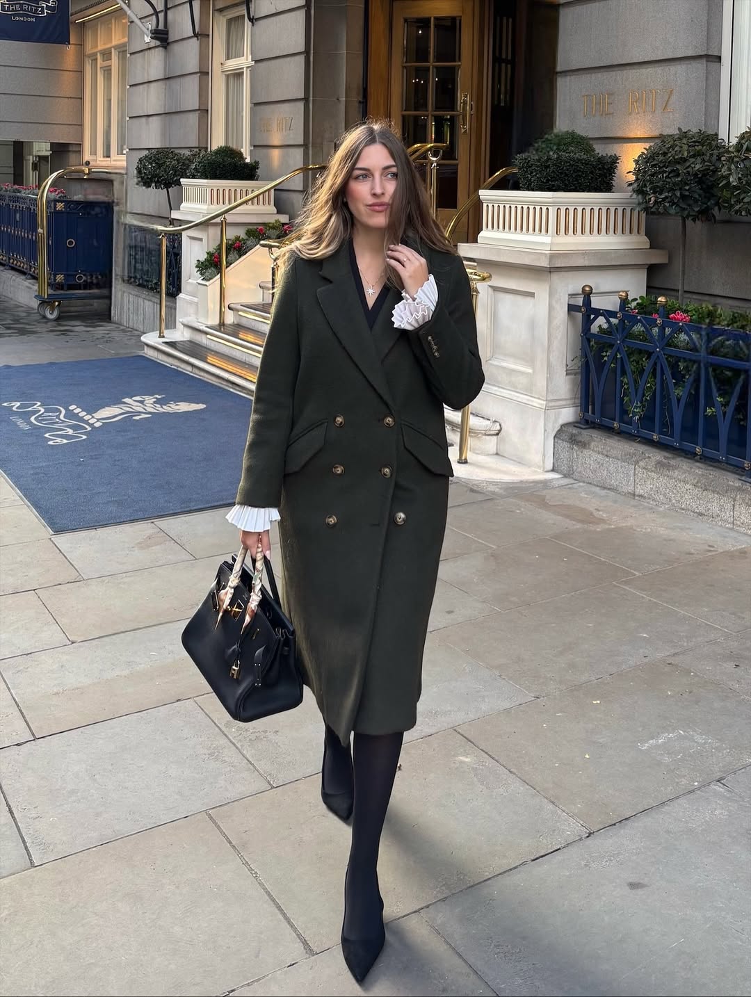 Forest Green Double Breasted Coat With Black Accents