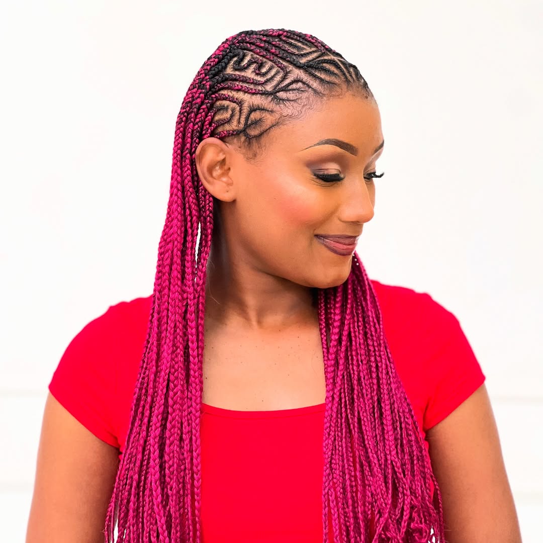 Geometric Cornrow Braids With Pink Extensions