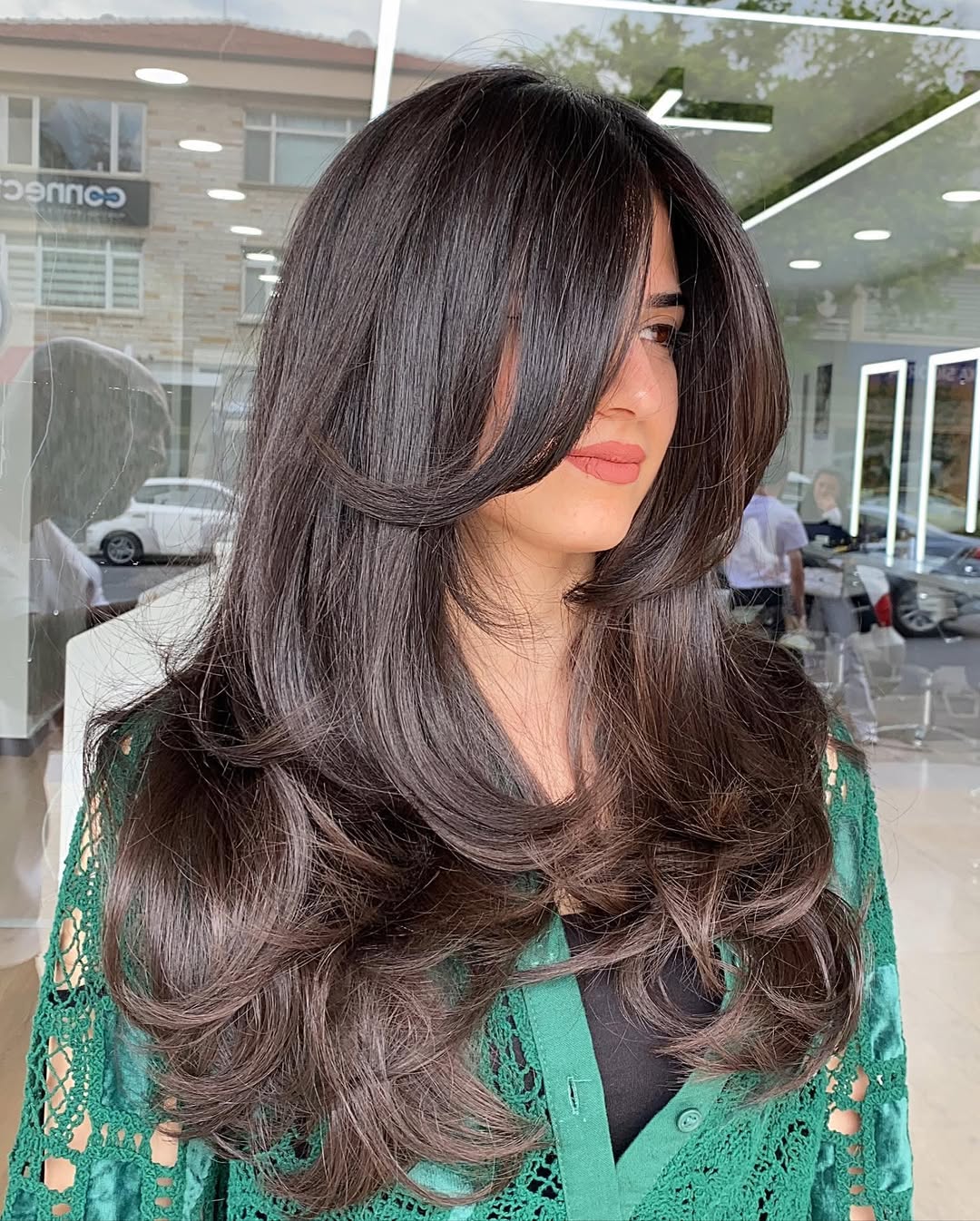 Glamorous Dark Brunette Full Layers With Face-Framing Volume