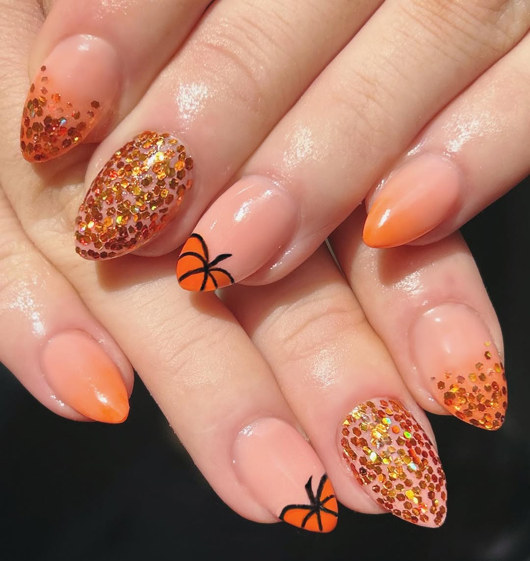 Glitter Pumpkin Orange French Tip Almond Nails
