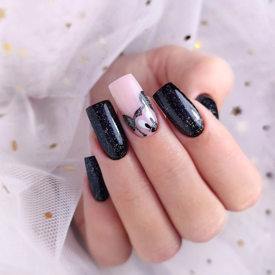 Glittery Dark Mickey Mouse Inspired Nails