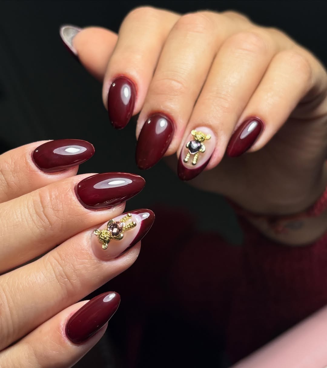 Glossy Burgundy And Nude With Bear Charms