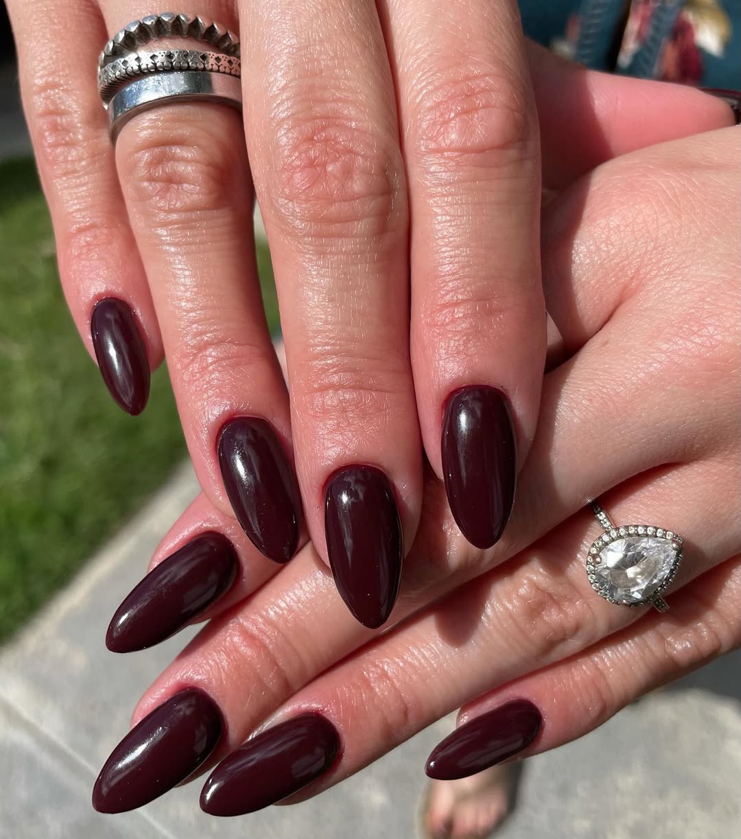 Glossy Deep Burgundy Almond Stiletto Nails
