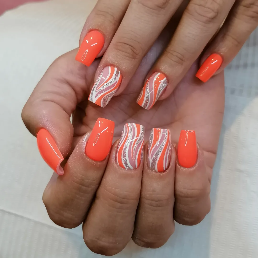 Glossy Orange and Swirl Art Square Nails