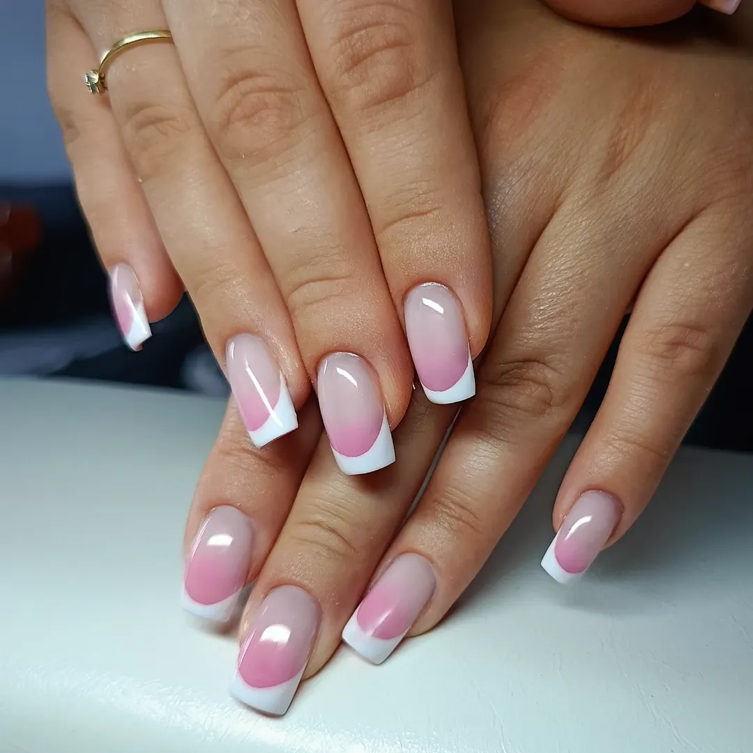 Glossy Pink Ombre French Square Nails