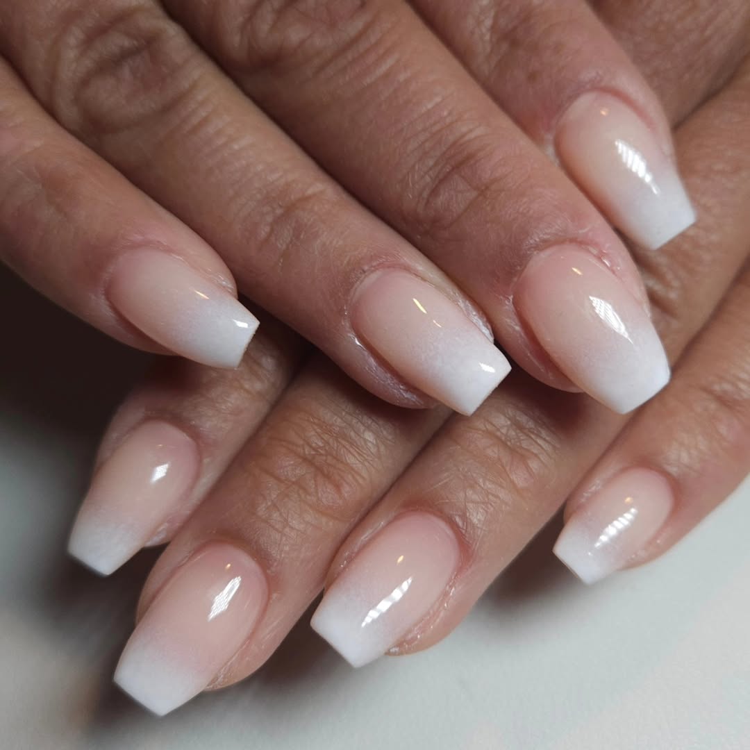 Glossy Pink to White Ombre Coffin Nails