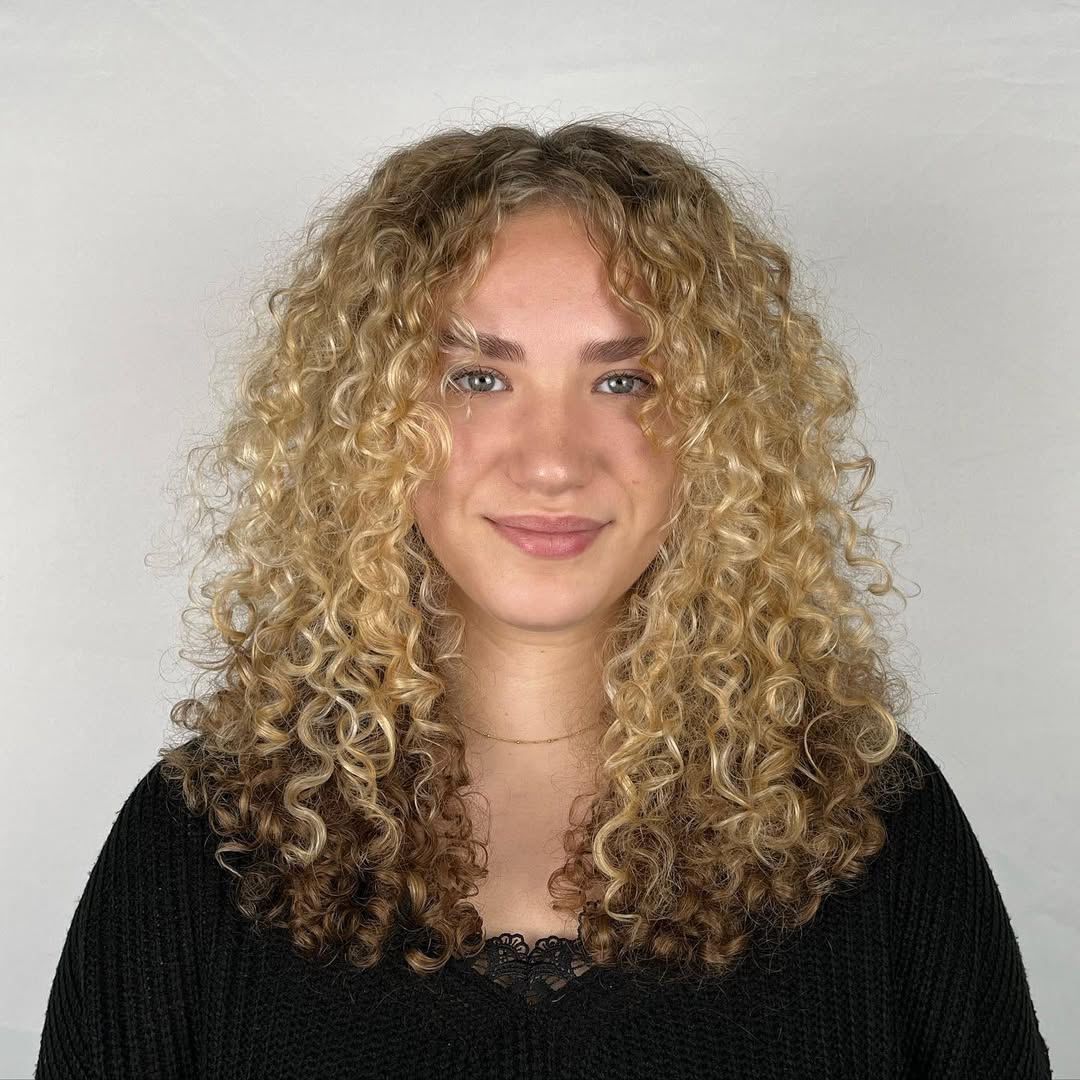 Golden Blonde Curly Shag with Bronde Ends