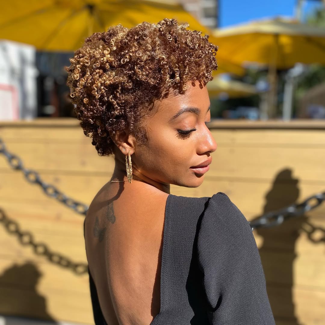 Golden Blonde Defined Coily Pixie Cut