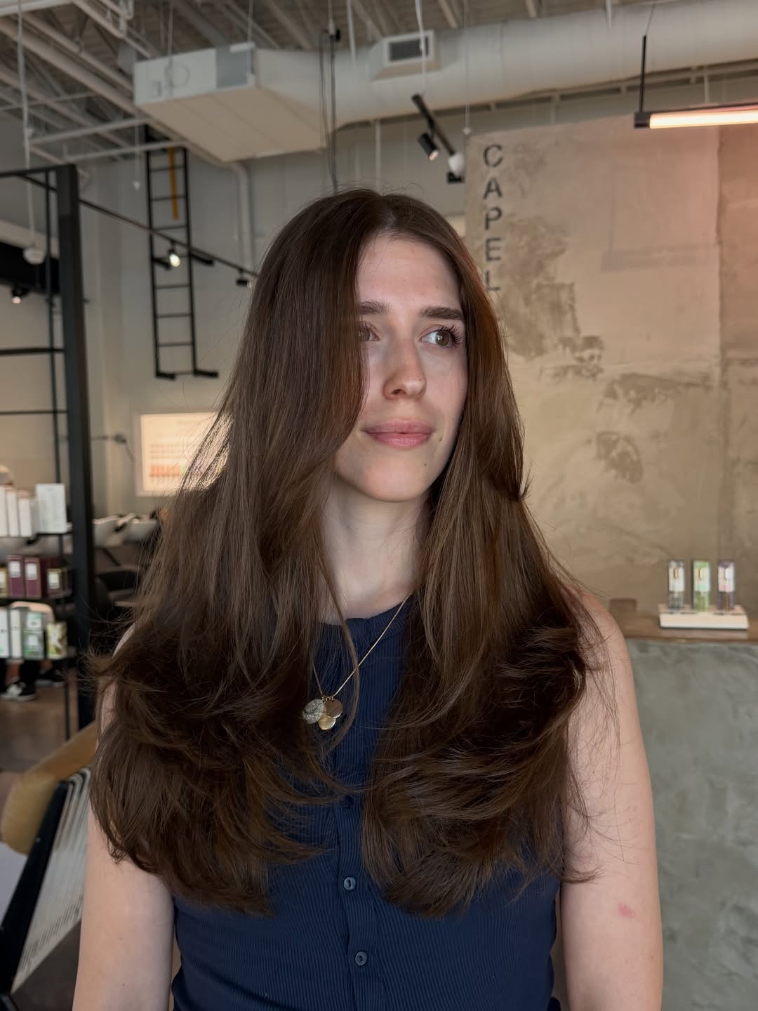 Gorgeous Long Brunette Layers With Subtle Curtain Bangs