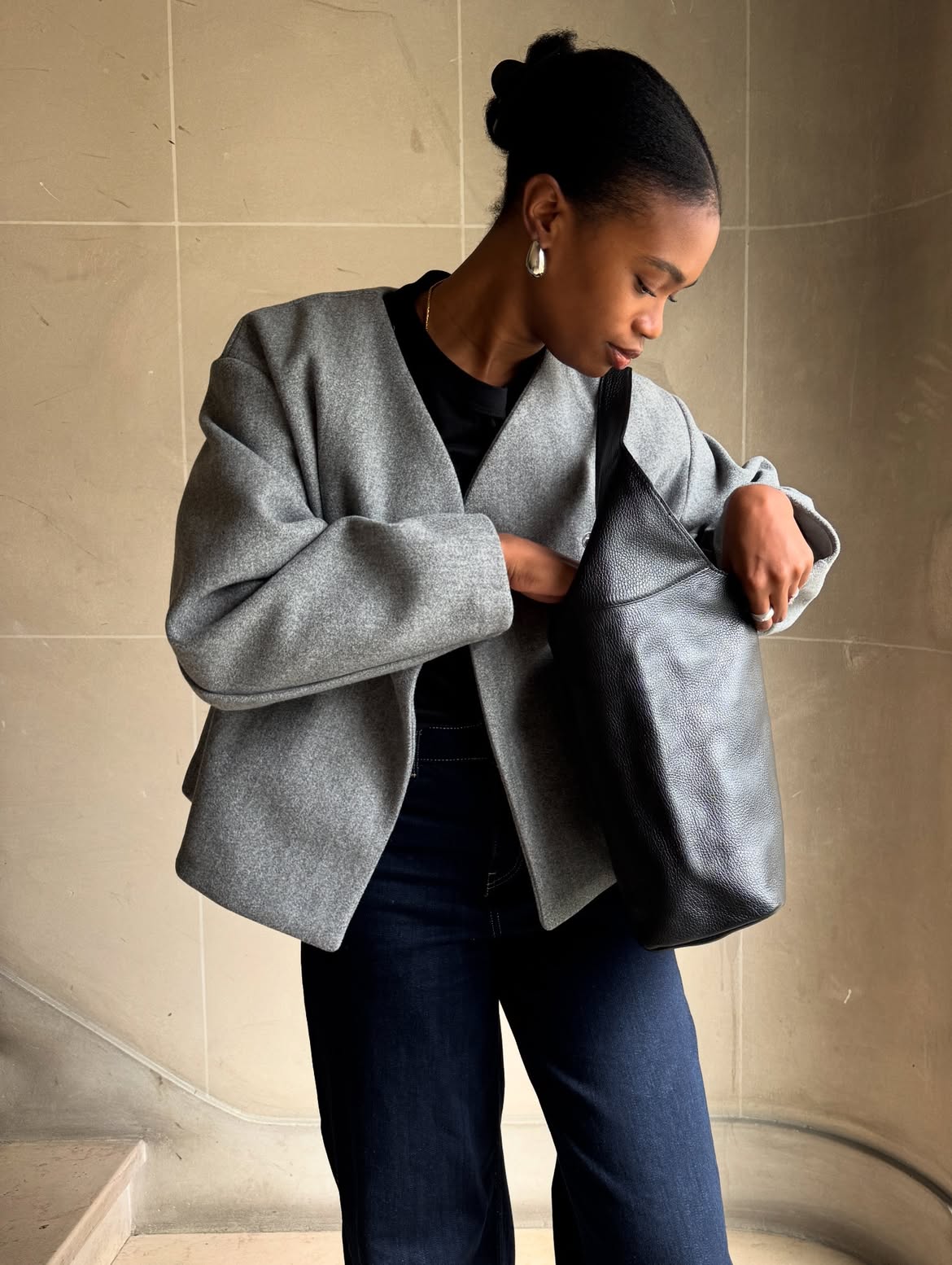 Gray Collarless Blazer With Dark Wash Jeans