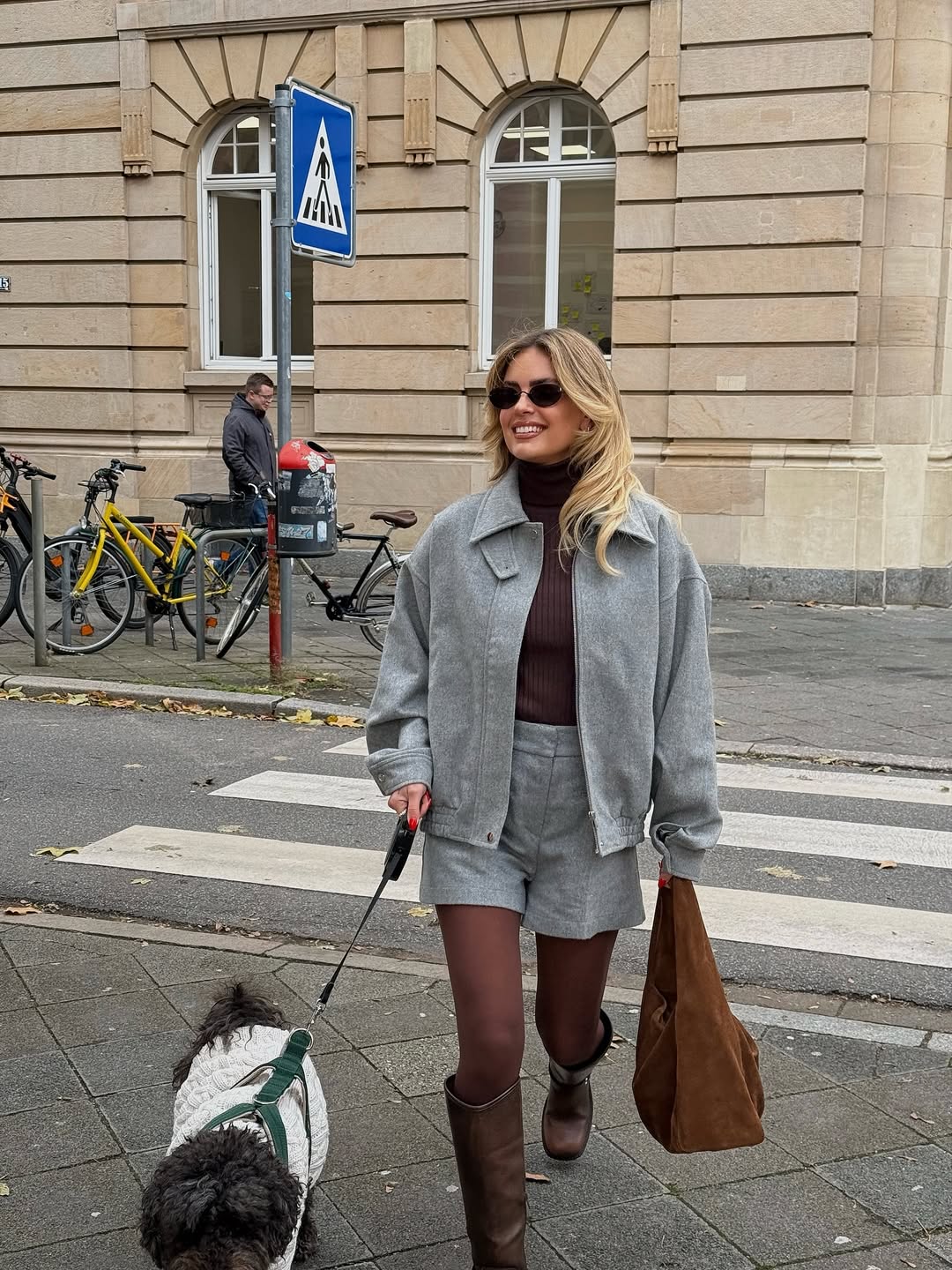 Gray Tweed Bomber Short Set With Brown Boots