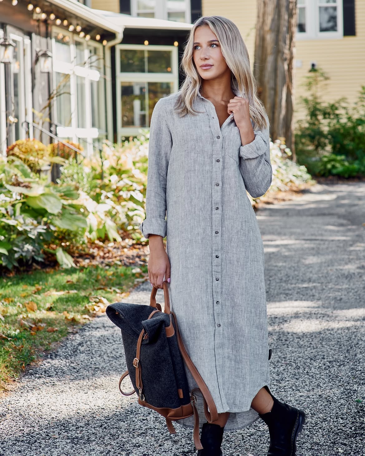 Grey Linen Shirt Dress With Black Boots And Backpack