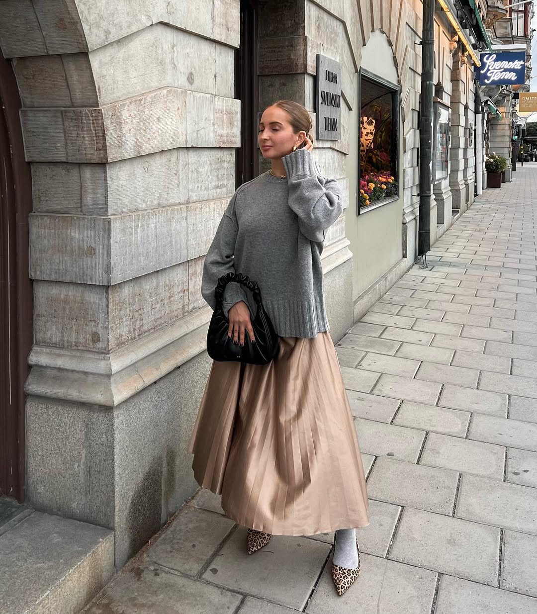 Grey Oversized Sweater with Satin Pleated Midi Skirt