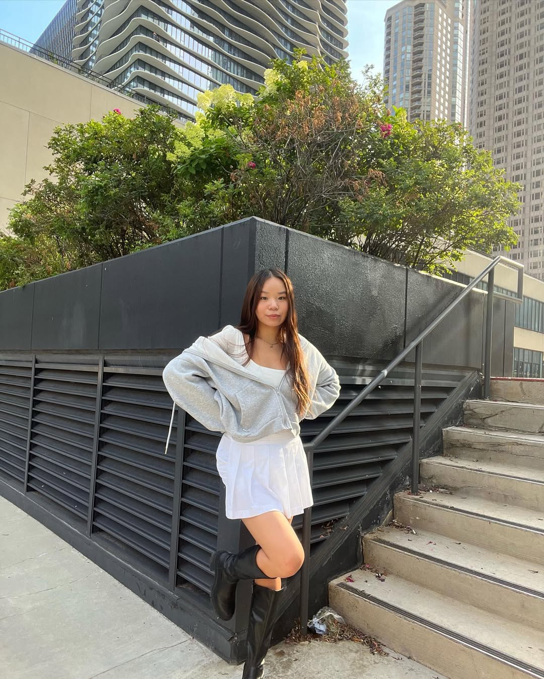 Grey Zip-Up Hoodie With Tennis Skirt And Boots