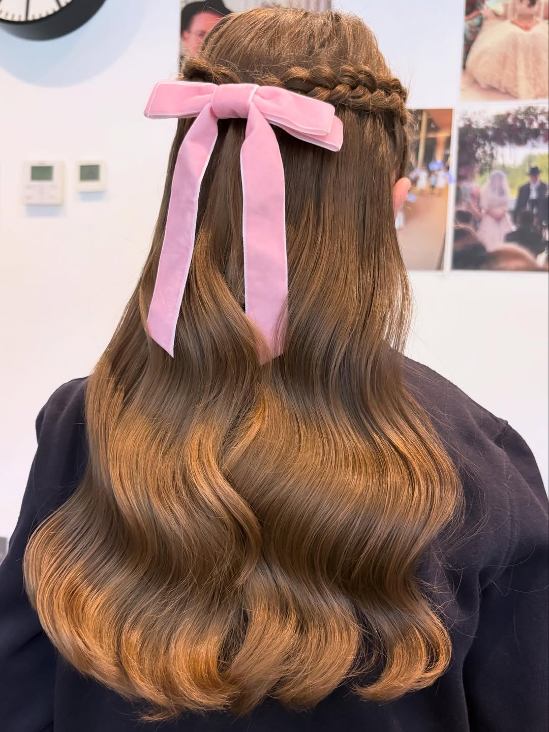 Half-Up Braided Crown With Pink Velvet Bow