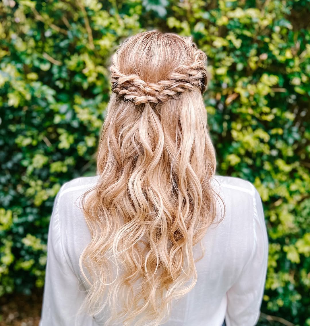 Half-Up Braided Crown With Wavy Blonde Hair
