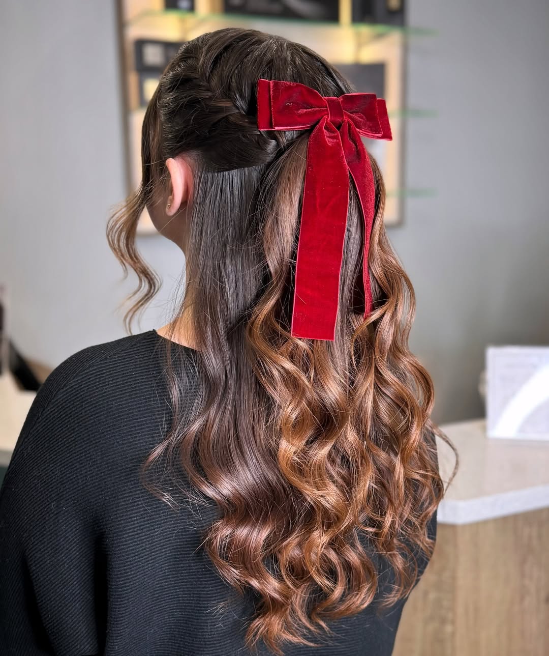 Half-Up Braided Hairstyle With Elegant Velvet Ribbon