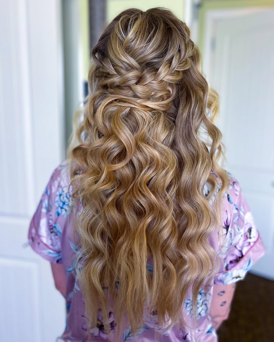 Half-Up Braided Hairstyle With Tousled Golden Blonde Waves