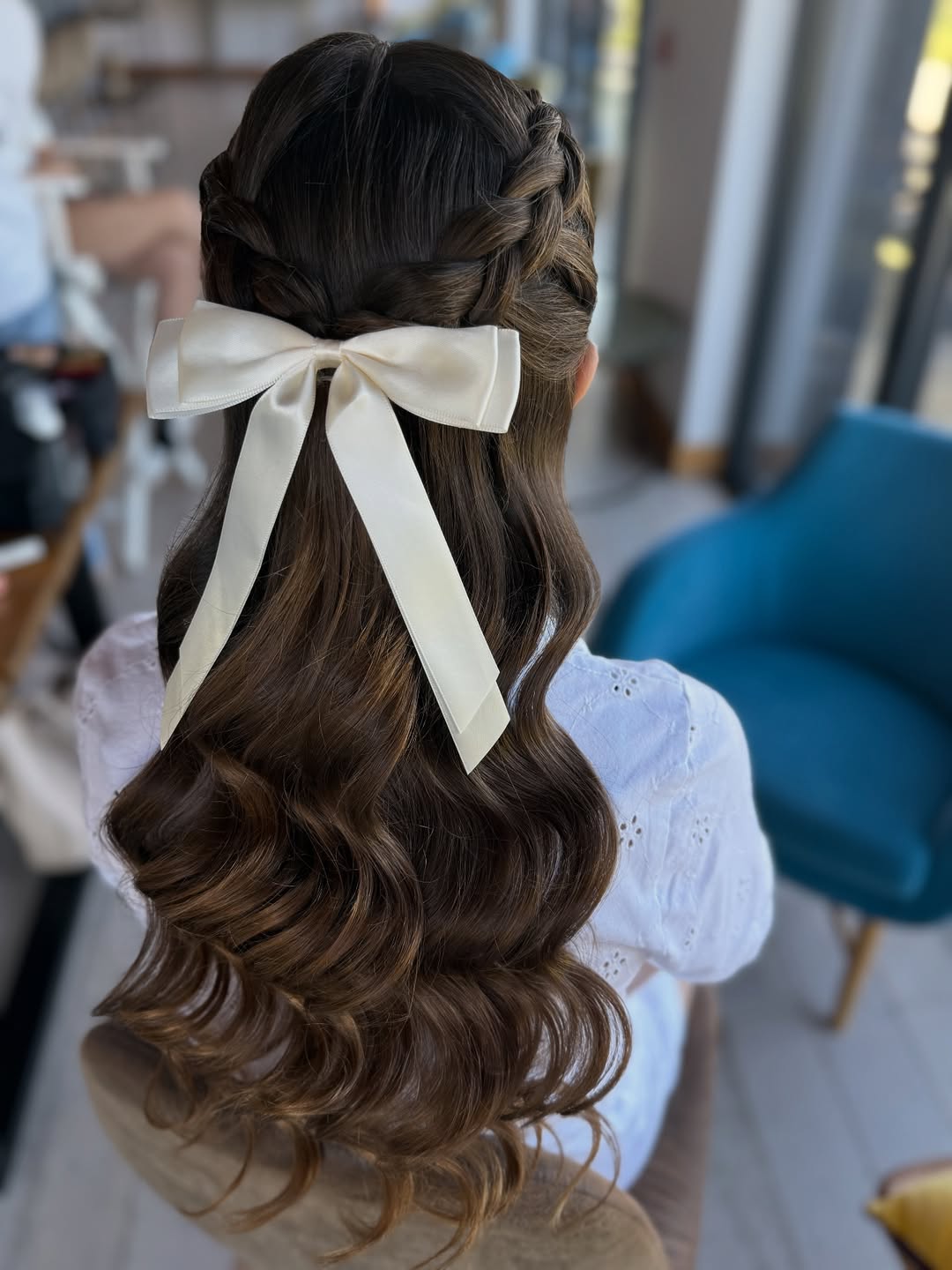 Half-Up Braids And Romantic Waves With Cream Bow