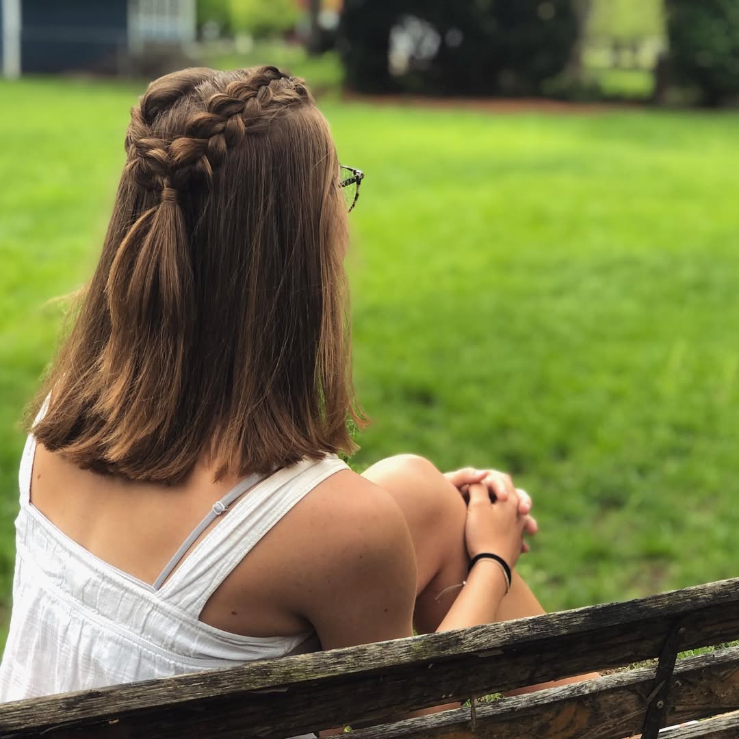 Half-Up Braids On Shoulder-Length Brunette Hair