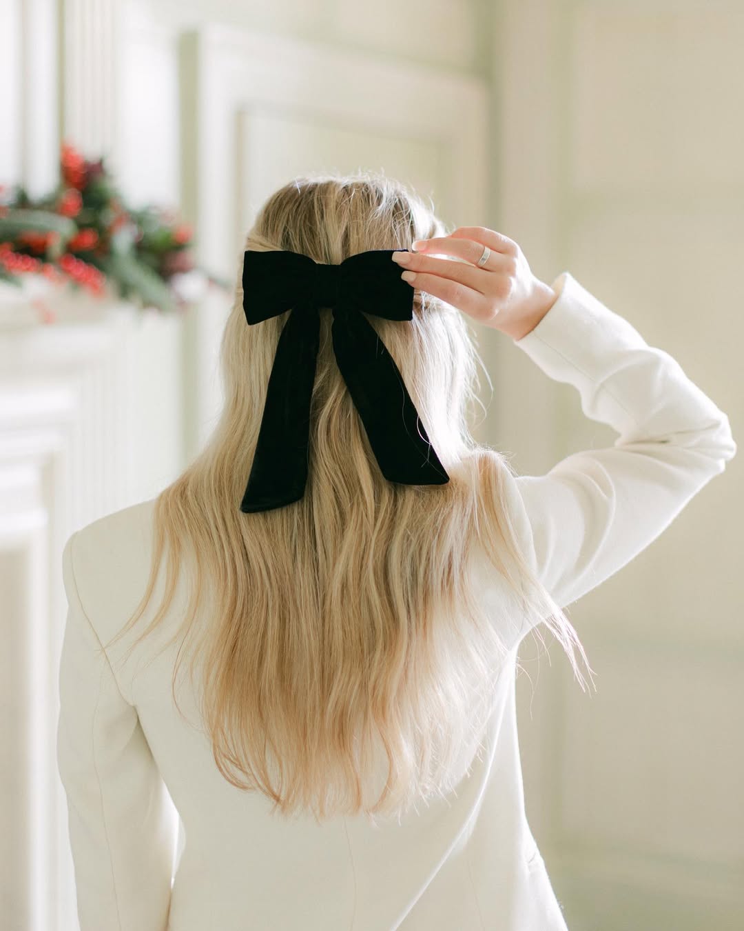 Half-Up Platinum Blonde Hair With Velvet Bow