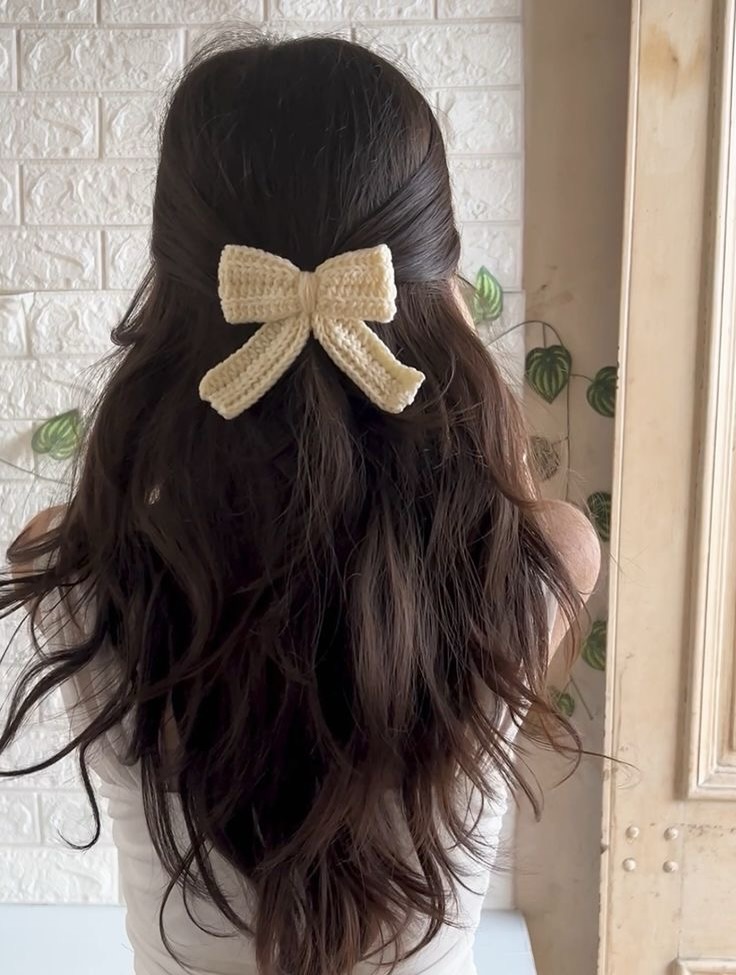 Half Up Style With Crochet Bow For Long Hair