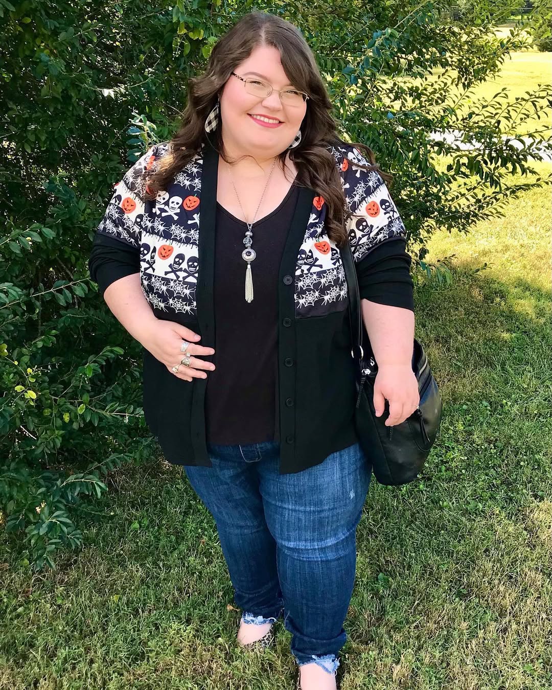 Halloween Print Cardigan With Dark Wash Jeans