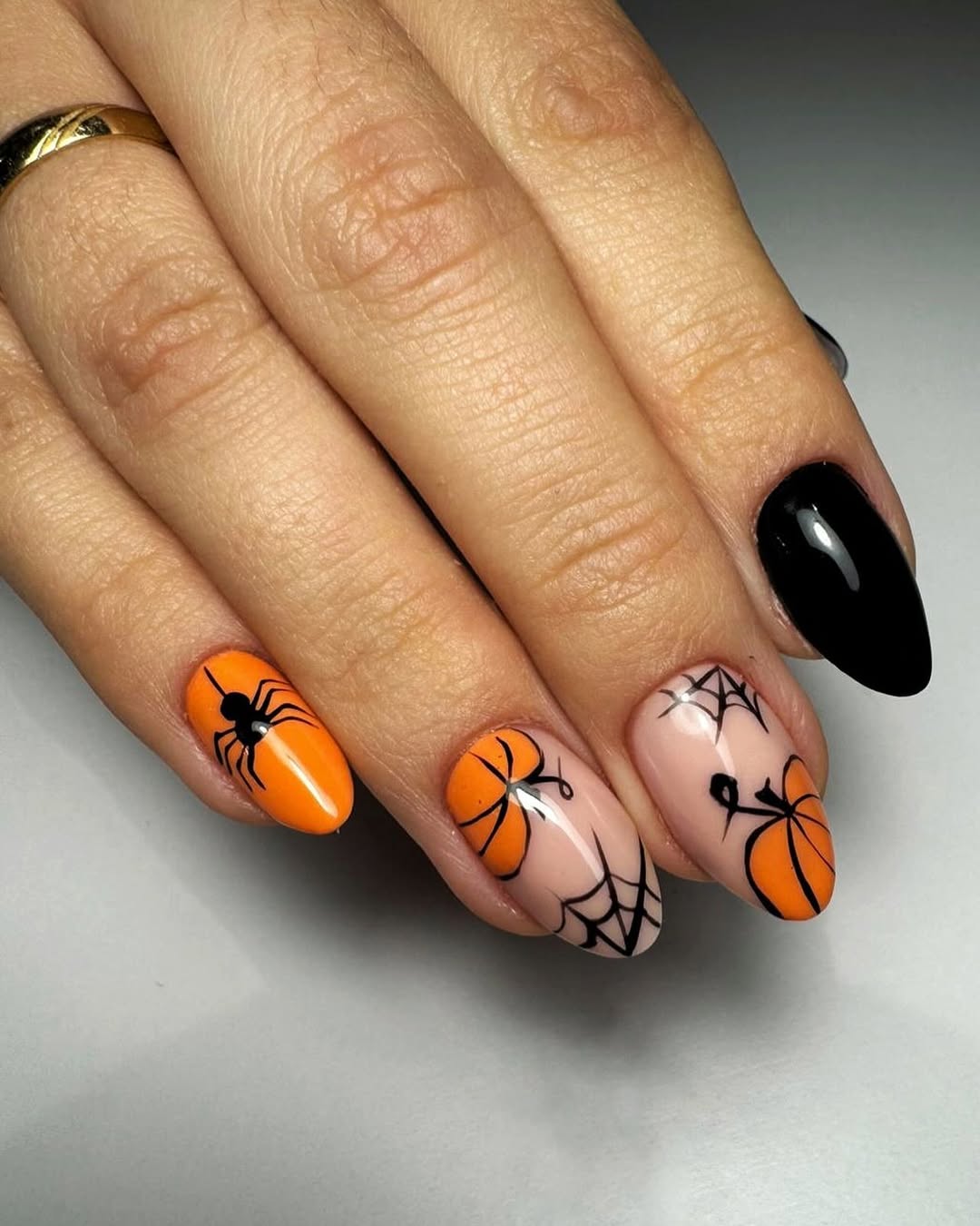 Halloween Pumpkin Spider Web Almond Gel Nails