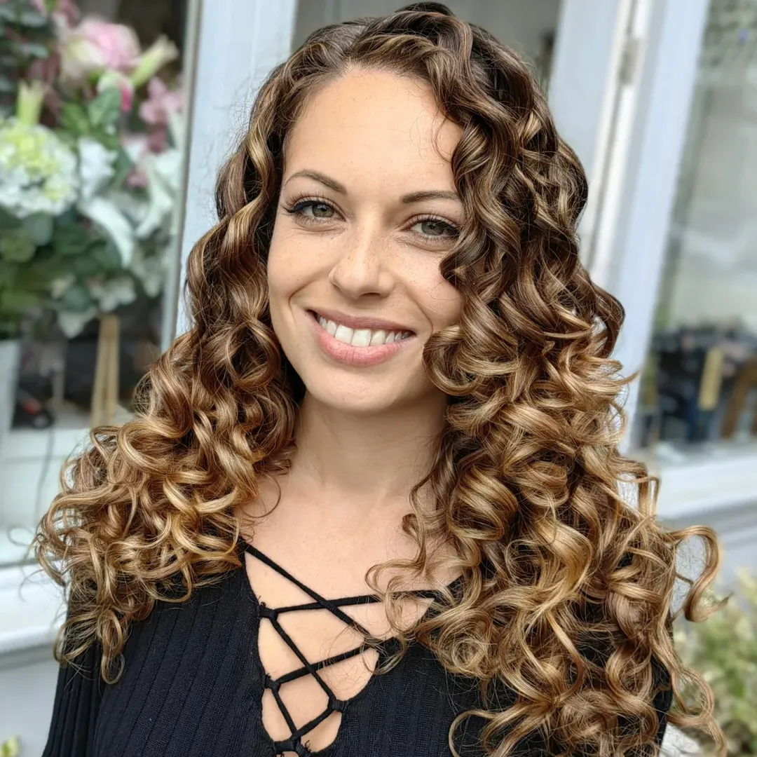 Honey Blonde Curly Layers With Middle Part
