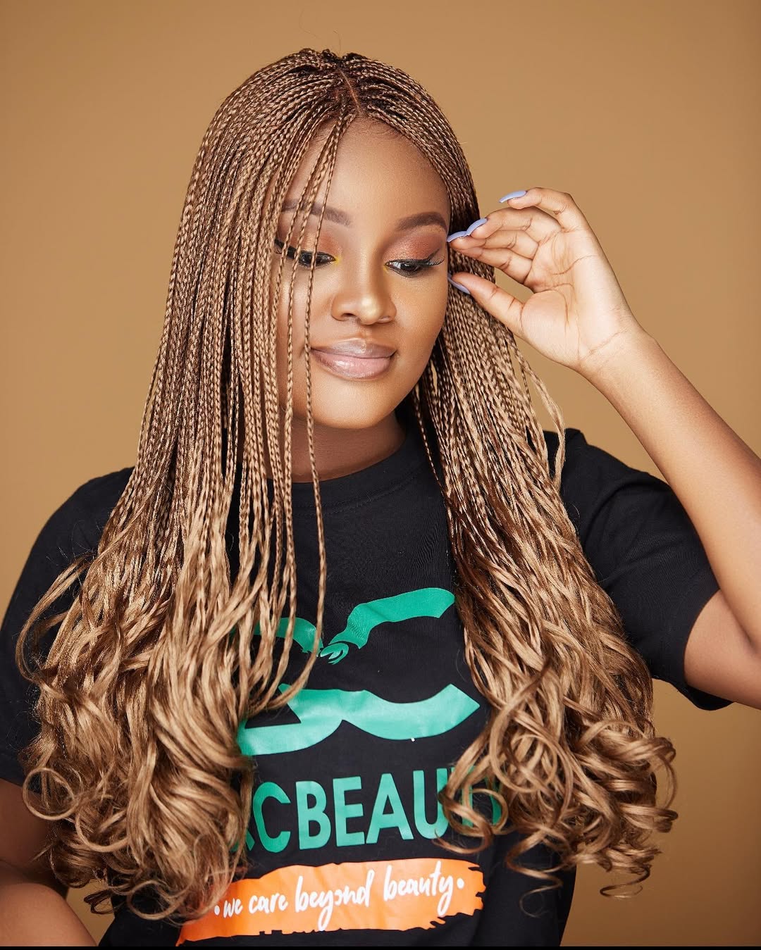 Honey Blonde Micro Braids With Curly Ends